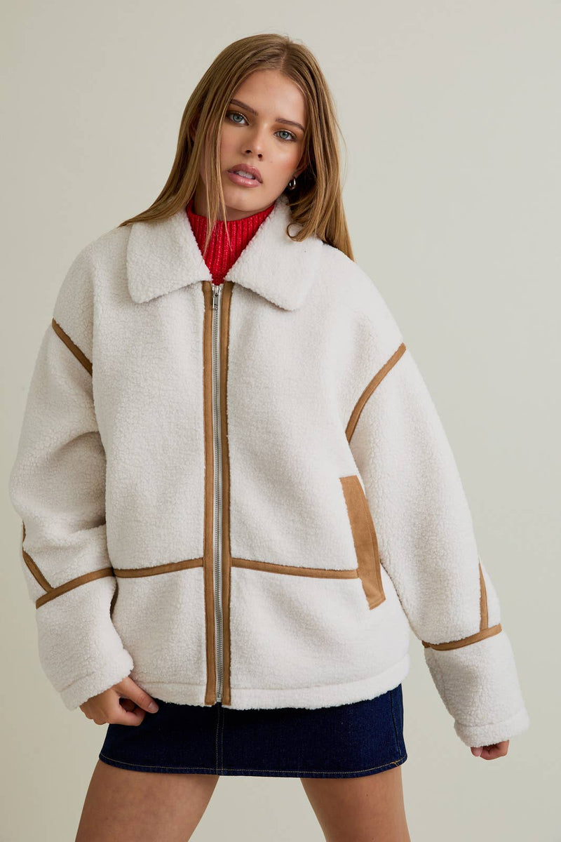 LAPEL COLLAR JACKET WITH LONG SLEEVE AND FRONT ZIP CLOSURE: IVORY-LT BROWN / M