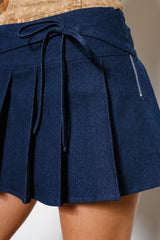PLEATED DENIM MINI SKIRT: Denim / S