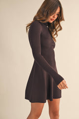 ID5527 MOCK NECK LONG SLEEVE FIT AND FLARE MINI DRESS: DK CHOCOLATE / L