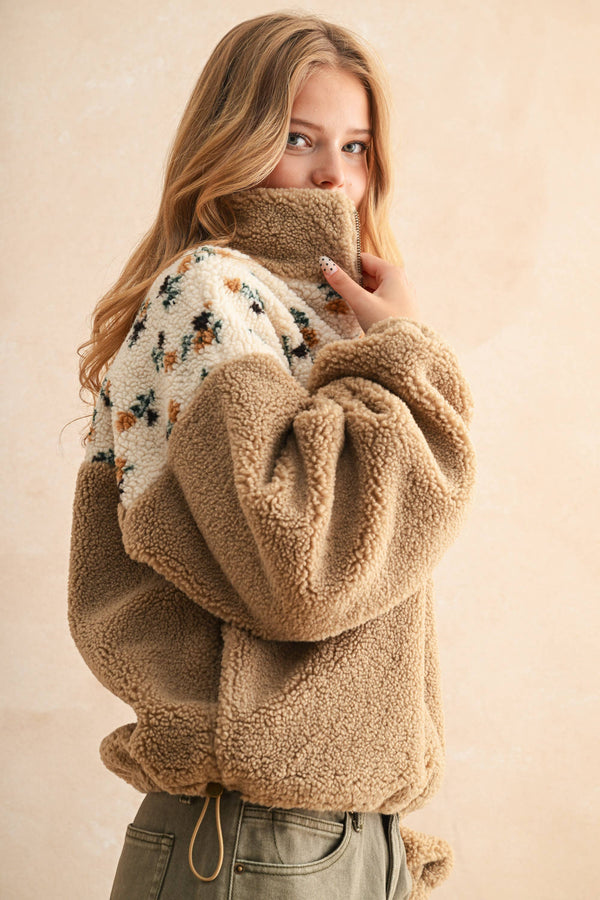 FLORAL PRINT SHERPA PULLOVER:  S