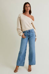 ASYMMETRICAL SHOULDER SWEATER TOP: DENIM BLUE / L