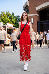3d Lace Appliqué Fringe Hem Bodycon Midi Dress