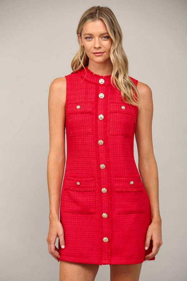 FRONT PATCH POCKET SLVL TWEED DRESS FD32156: RED / M