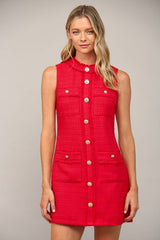 FRONT PATCH POCKET SLVL TWEED DRESS FD32156: RED / S