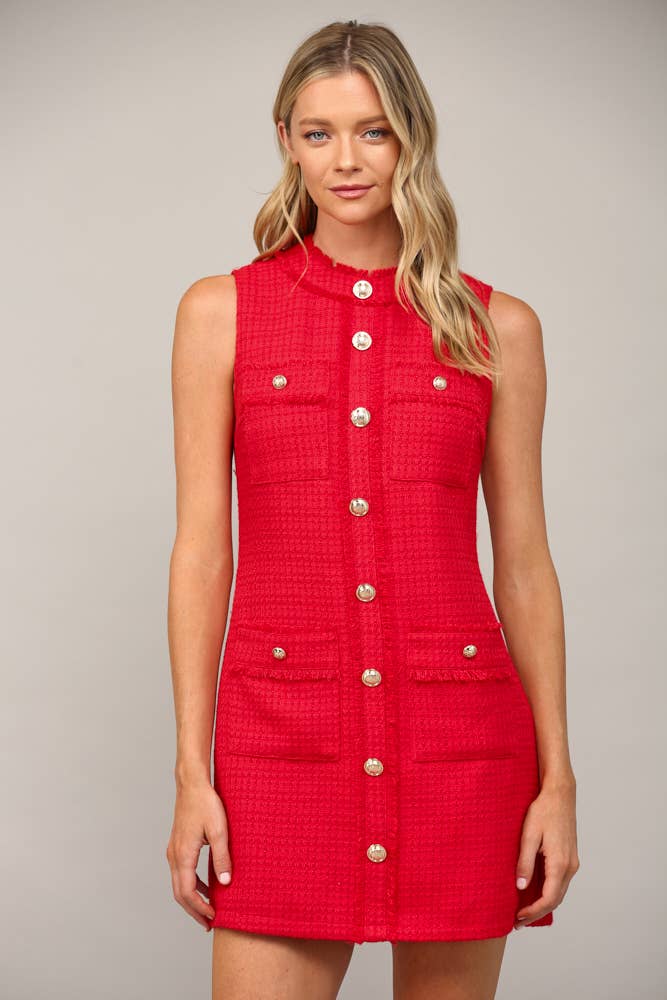 FRONT PATCH POCKET SLVL TWEED DRESS FD32156: RED / S