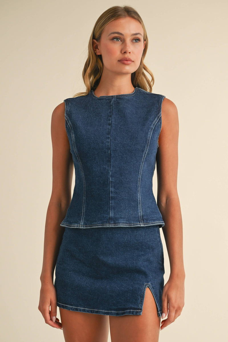 IST5697 DENIM OPEN BACK TOP WITH BOW DETAIL AND MINI SKIRT: DARK DENIM / S