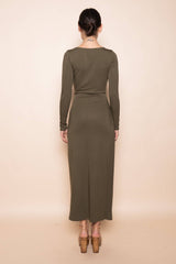 CHIC WRAP PANEL BUCKLE LONG SLEEVE MAXI DRESS-DD10840FO: NUDE / Contemporary / M