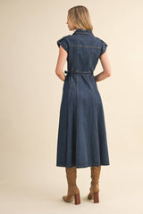 BUTTON DOWN MIDI DRESS: DK DENIM / M