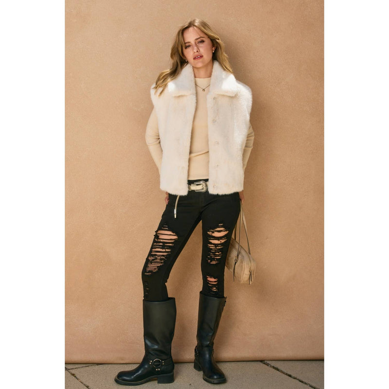 Wind Whispers Faux Fur Collared Vest: BLACK