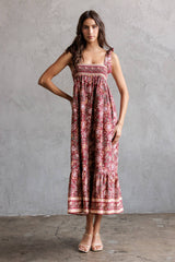 SJD7582 - MULTI FLORAL TIE MIDI DRESS: WINE MULTI FL / S