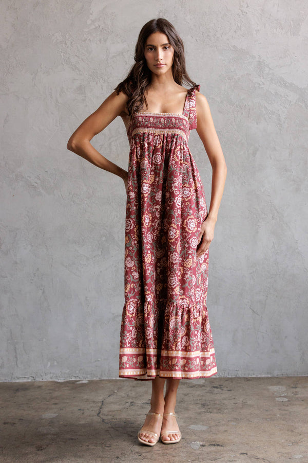 SJD7582 - MULTI FLORAL TIE MIDI DRESS: WINE MULTI FL / S