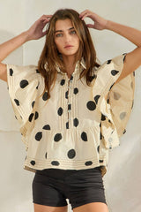 IT2337 Ruffle Sleeves Pintuck Detail Polka Dot Print top: CREAM/BLACK