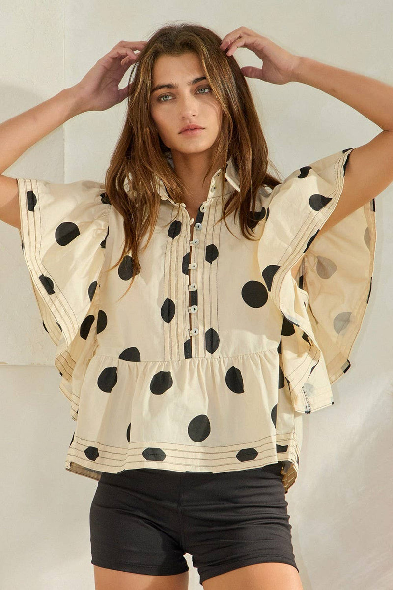 IT2337 Ruffle Sleeves Pintuck Detail Polka Dot Print top: CREAM/BLACK