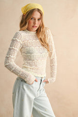 LACE TEXTURED LONG SLEEVE BLOUSE L