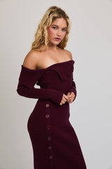 LONG SLEEVE MIDI DRESS: MAROON / XS