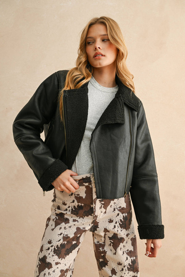 BIKER JACKET: BLACK/BROWN / L