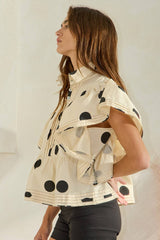 IT2337 Ruffle Sleeves Pintuck Detail Polka Dot Print top: CREAM/BLACK
