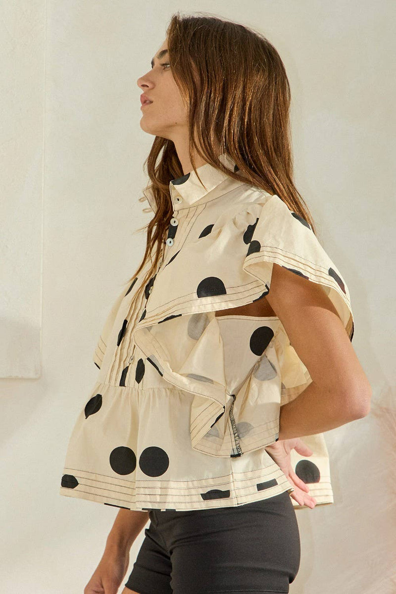 IT2337 Ruffle Sleeves Pintuck Detail Polka Dot Print top: CREAM/BLACK