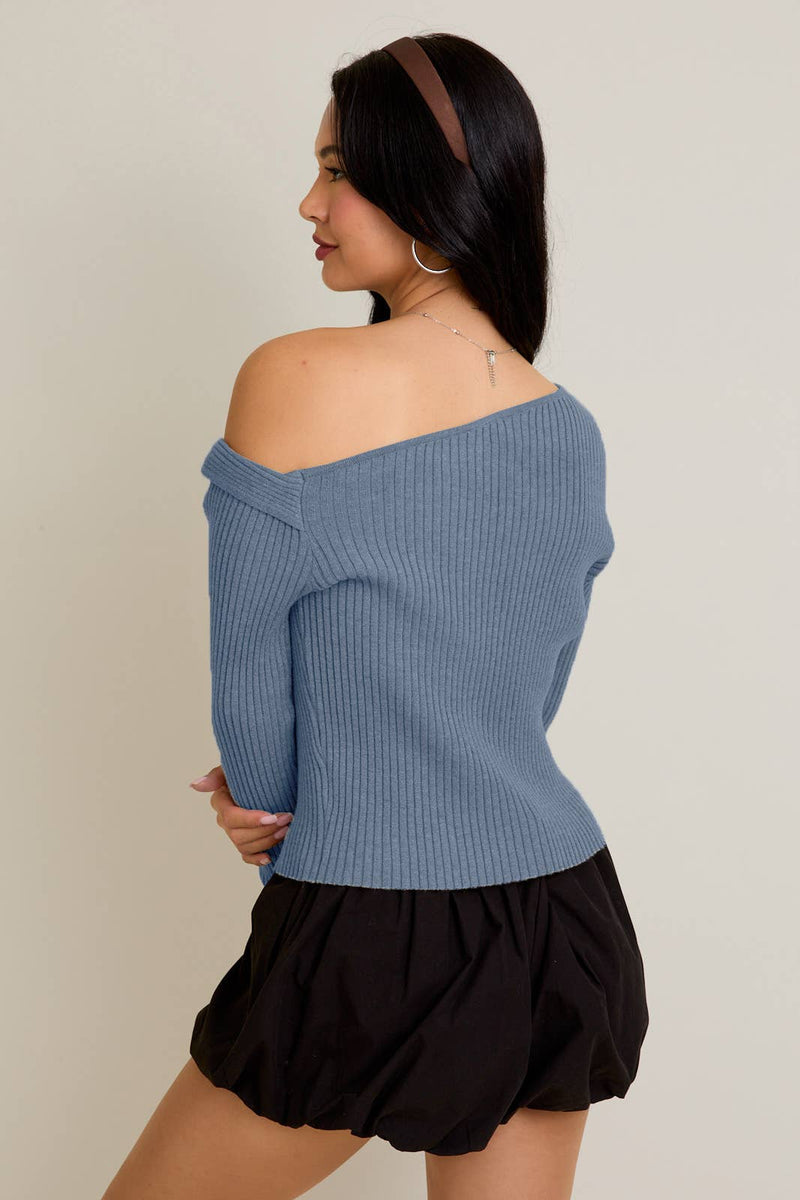 ONE SHOULDER RIBBED DIFFERENCE DETAIL SWEATER TOP: H BROWN / S