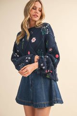IT4253 MULTI FLORAL EMBROIDERED LATTICE CABLE SWEATER: NAVY / M