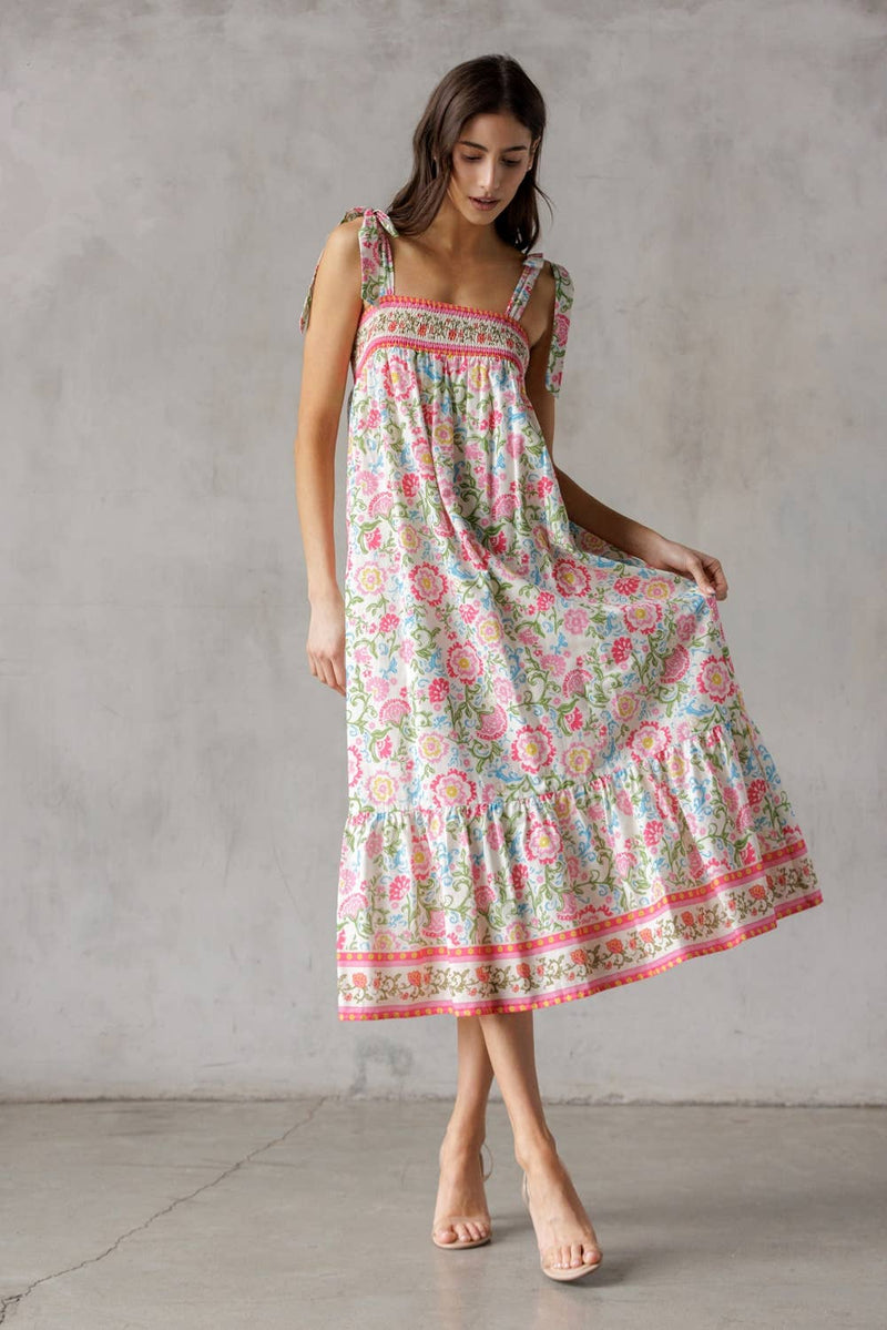 SJD7582 - MULTI FLORAL TIE MIDI DRESS: WINE MULTI FL / S