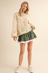 IT4253 MULTI FLORAL EMBROIDERED LATTICE CABLE SWEATER: NAVY / M