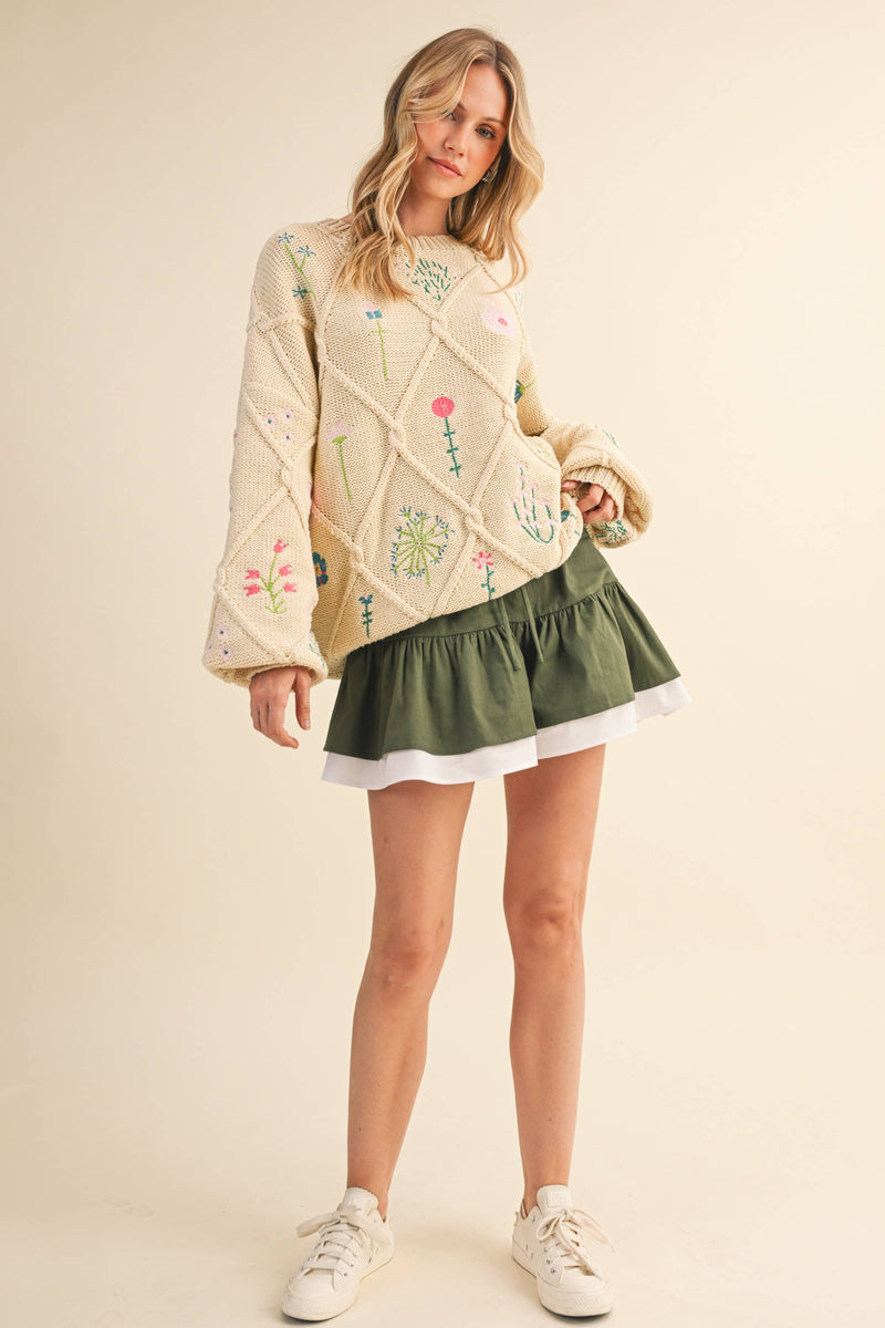 IT4253 MULTI FLORAL EMBROIDERED LATTICE CABLE SWEATER: NAVY / M