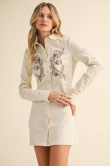 ID9321 LONG SLEEVE EMBROIDERED BUTTON DOWN SHIRT DRESS: CREAM COMBO / L