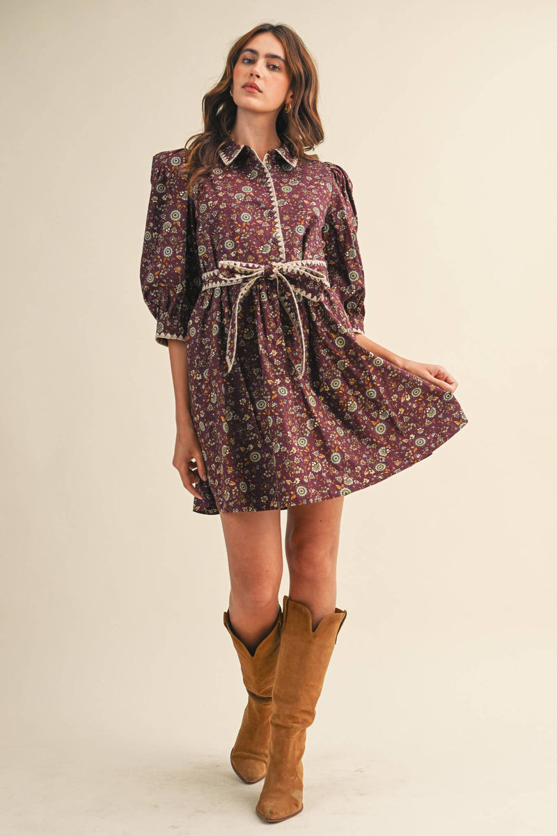 BLANKET STITCH PUFF SLEEVE FLORAL MINI DRESS MDR4173: Plum Multi Floral / S