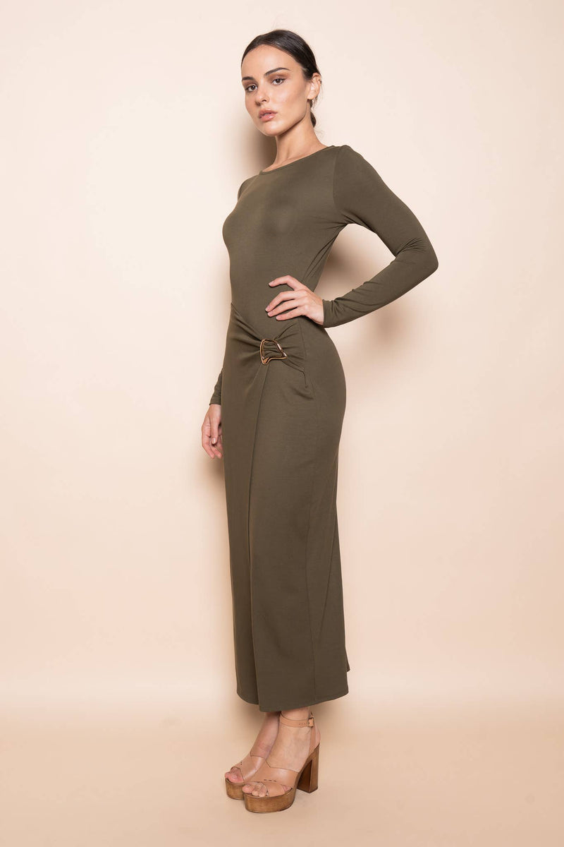 CHIC WRAP PANEL BUCKLE LONG SLEEVE MAXI DRESS-DD10840FO: NUDE / Contemporary / M