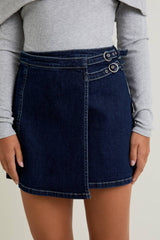 CROSS COVER DENIM MINI SKIRT: DENIM / M