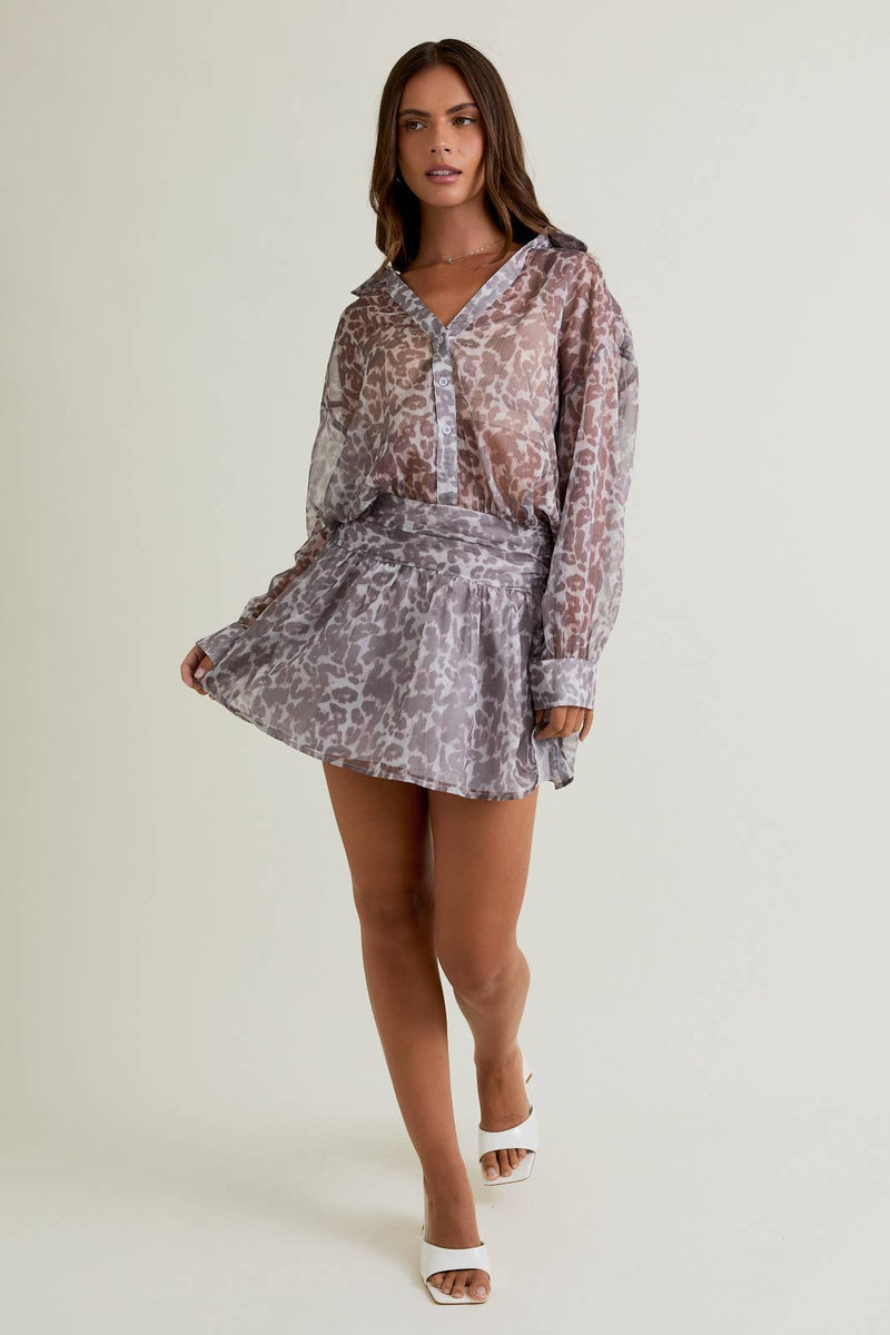 LOW WAIST SHIRT DRESS: WHITE-MOCHA ANIMAL / XS