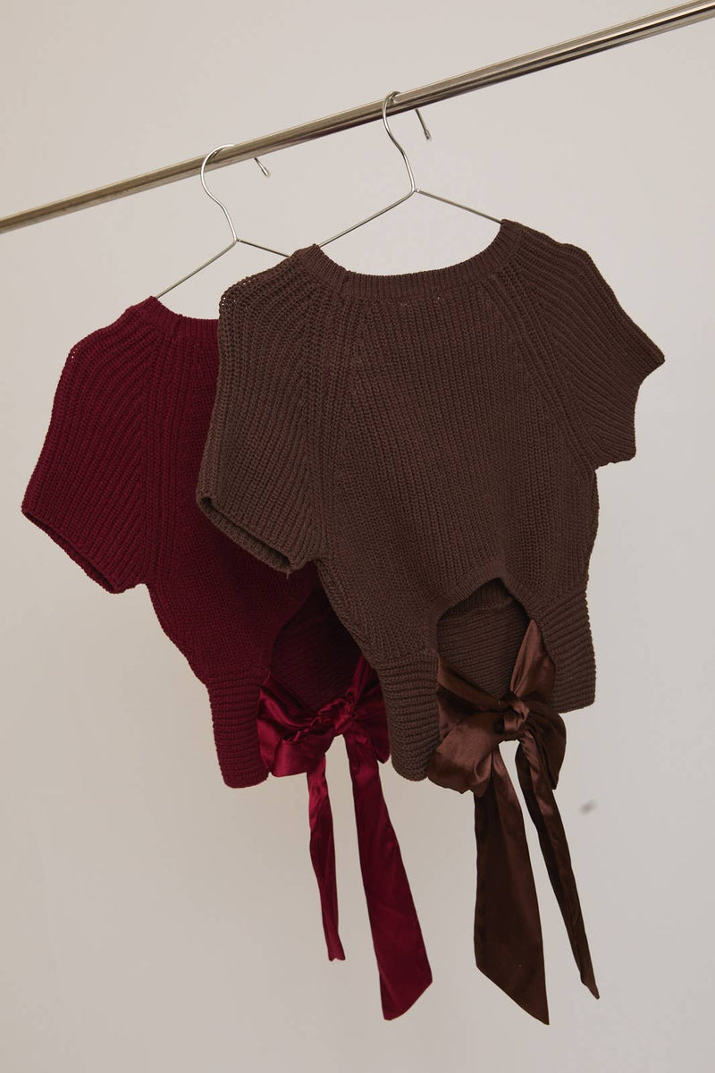ROUND NECK SHORT SLEEVE BACK TIE KNIT TOP: Brown / M