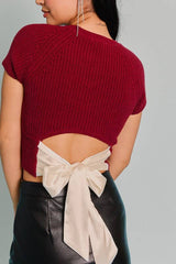 ROUND NECK SHORT SLEEVE BACK TIE KNIT TOP: Brown / S