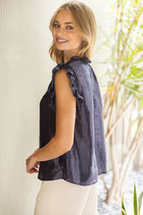 35945 Smock and Ruffle Detail Metallic Woven Top: Navy / S