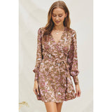 Floral Mini Wrap Dress: TAUPE/MAUVE
