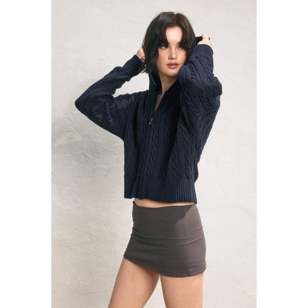 Cable Knit Hooded Zip Up Cardigan: NAVY