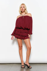 ISABELLA OFF SHOULDER BUBBLE HEM TOP - Romantic, Night Out: Burgundy / M