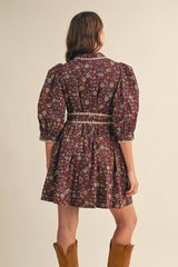 BLANKET STITCH PUFF SLEEVE FLORAL MINI DRESS MDR4173: Plum Multi Floral / L