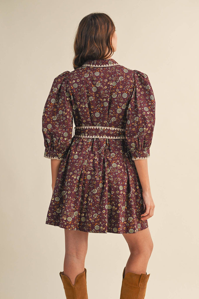 BLANKET STITCH PUFF SLEEVE FLORAL MINI DRESS MDR4173: Plum Multi Floral / L