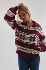 SWEATER JACKET: BURGUNDY-WHITE XS