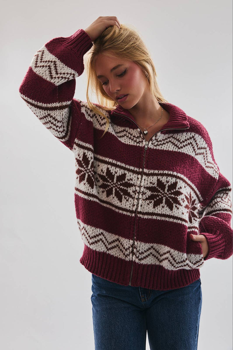 LONG SLEEVE COLLARED FAIR ISLE SWEATER JACKET: Brown-White Multi / S
