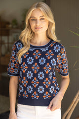 Floral Abstract Knit Top L