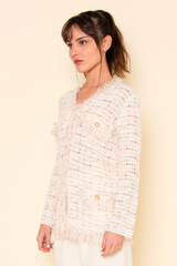 CHIC FRAYED TWEED RIBBON PEARL LOOSE FIT CARDIGAN OI6288FO: WHITE/PINK / Contemporary / L