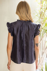 35945 Smock and Ruffle Detail Metallic Woven Top: Navy / S