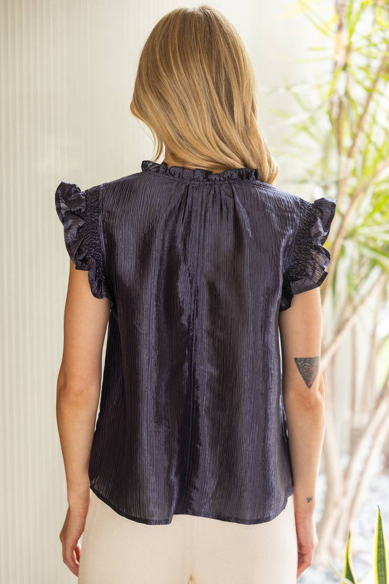 35945 Smock and Ruffle Detail Metallic Woven Top: Navy / M