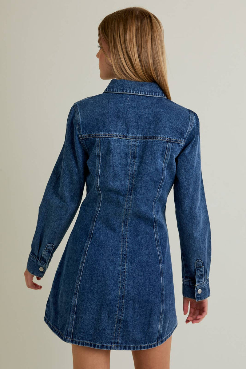 DENIM MINI DRESS WITH FRONT SNAP BUTTON CLOSURE: DENIM / XS