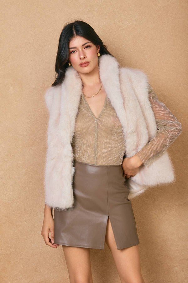 Faux Leather Slit Mini Skirt: TAUPE