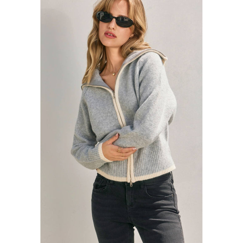 Sailor Collar Contrast Zip Up Cardigan