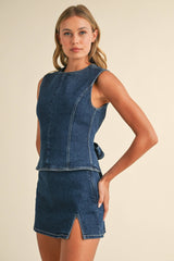 IST5697 DENIM OPEN BACK TOP WITH BOW DETAIL AND MINI SKIRT: DARK DENIM / S